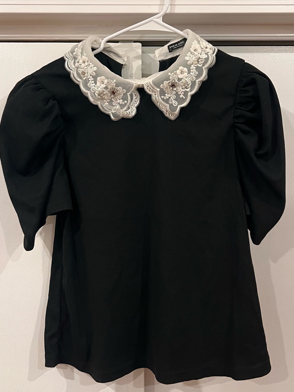 Black Puff Sleeve Top with Embroidered White Peter Pan Collar
